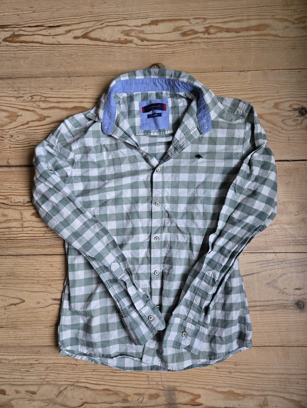 Plasio Green Gingham Button Up Shirt L Slim Fit